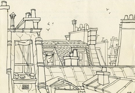 Xemeneies, frontons i lluernes des de l'habitació 26 de l'hotel Bearn a París